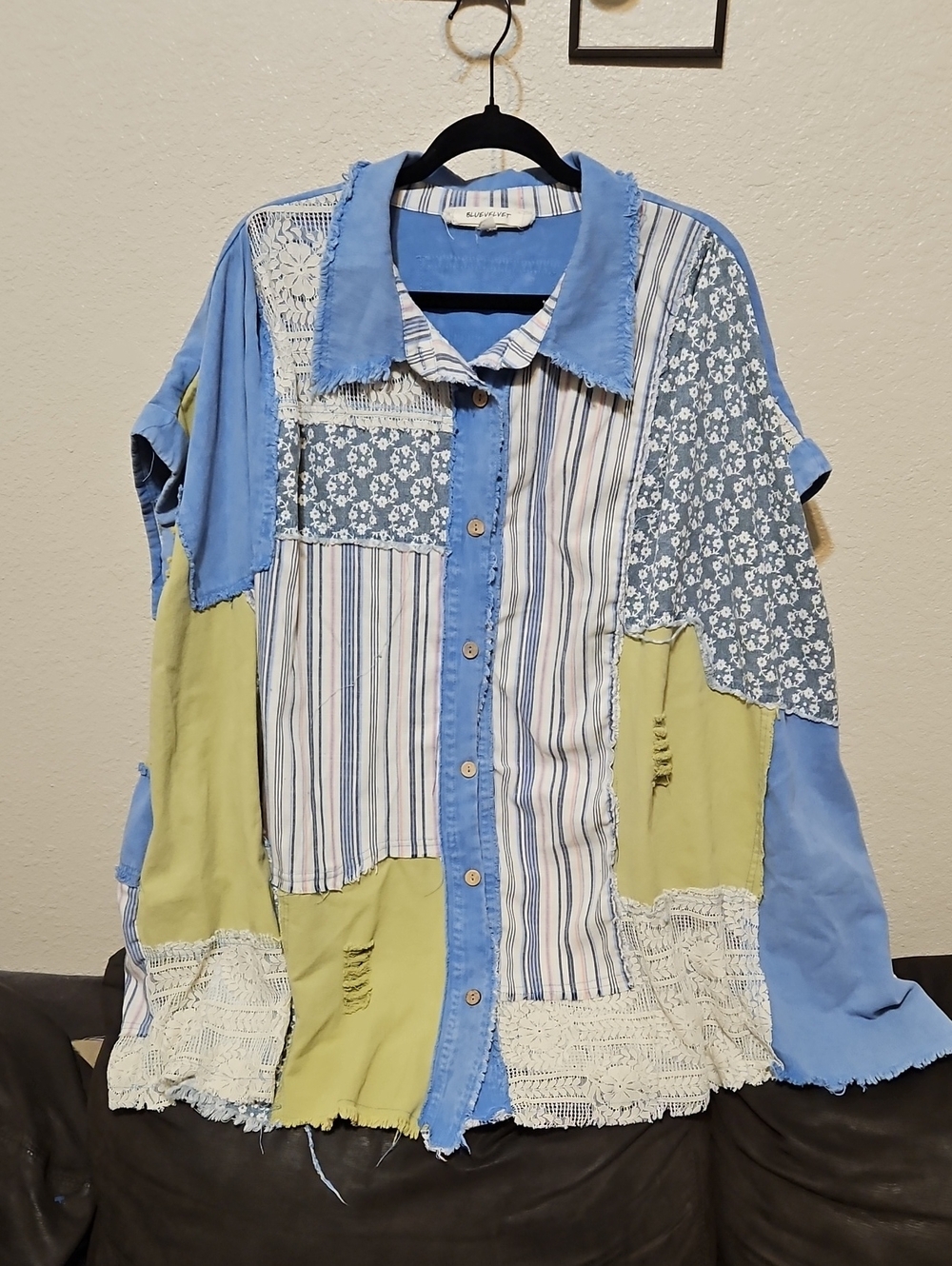 Patchwork Button-Front Linen Blend Blouse in Light Blue & Pale Green